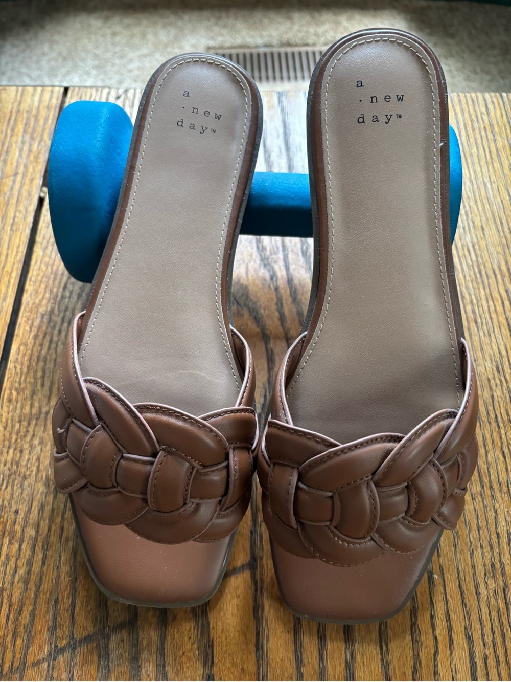 a new day Brown Braided Leather-Look Slide Mules